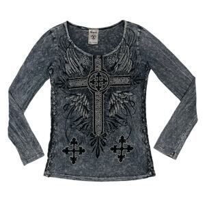 Vocal Cross Logo Tee Gray Black Medium Long Sleeve Goth Grunge Punk Edgy